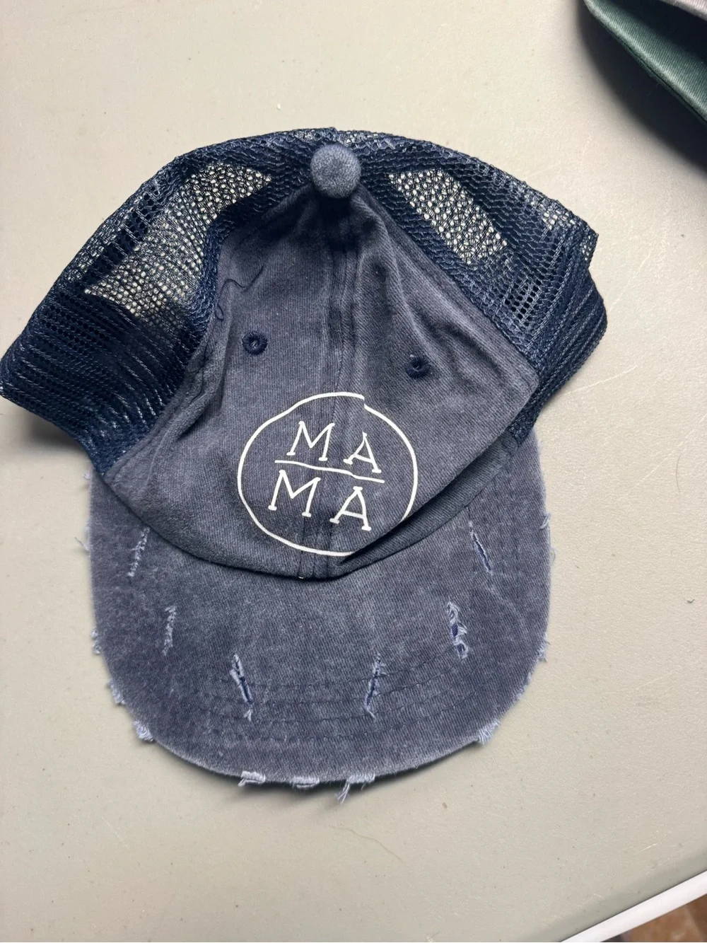 MAMA Embroidered Mesh Trucker Hat in Faded‎ Navy